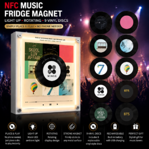 BTS Inspired NFC Music Fridge Magnet with 9 Vinyl Records, Light Up Rotating Album Player Gift for K-Pop Fans