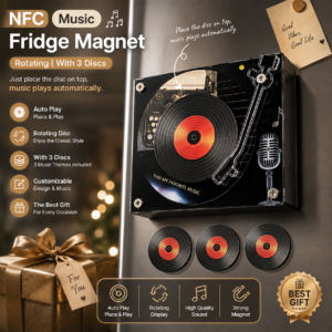NFC music fridge magnet with rotating vinyl record and tonearm