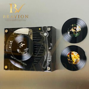 NFC music fridge magnet with rotating vinyl record and tonearm
