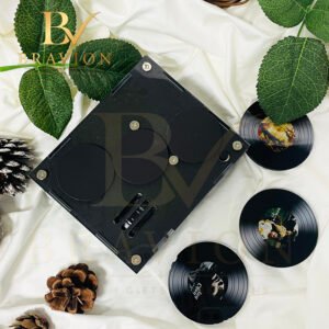 NFC music fridge magnet with rotating vinyl record and tonearm