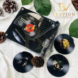 NFC music fridge magnet with rotating vinyl record and tonearm