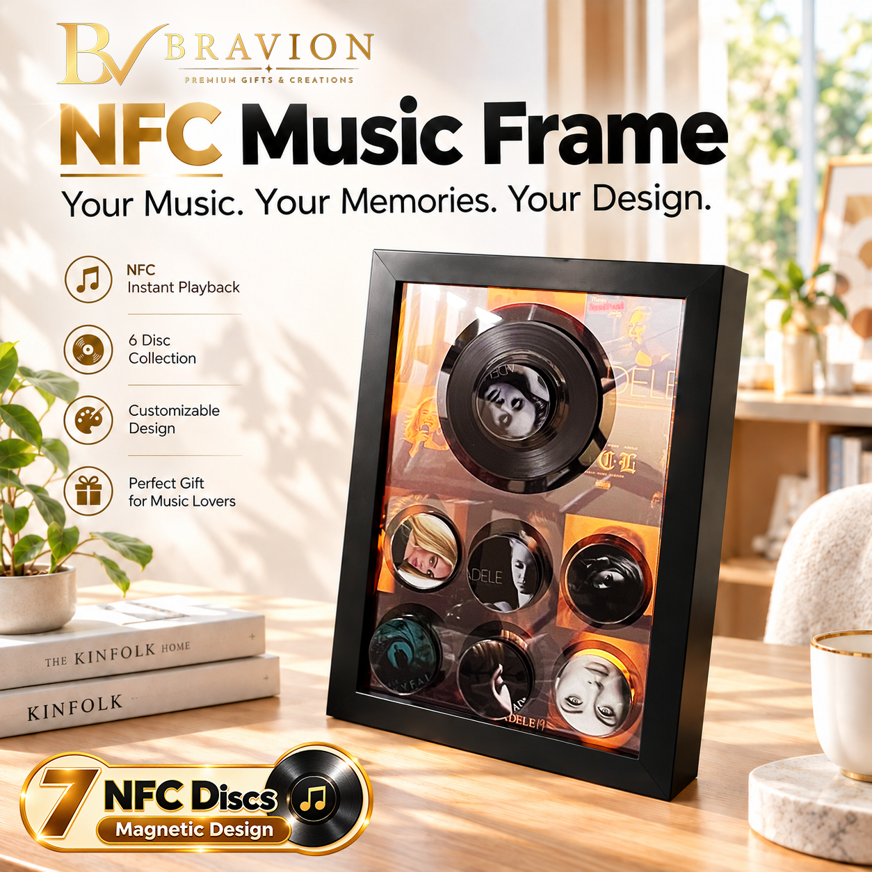BRAVION NFC Music Frame with 7 Customizable Music Discs