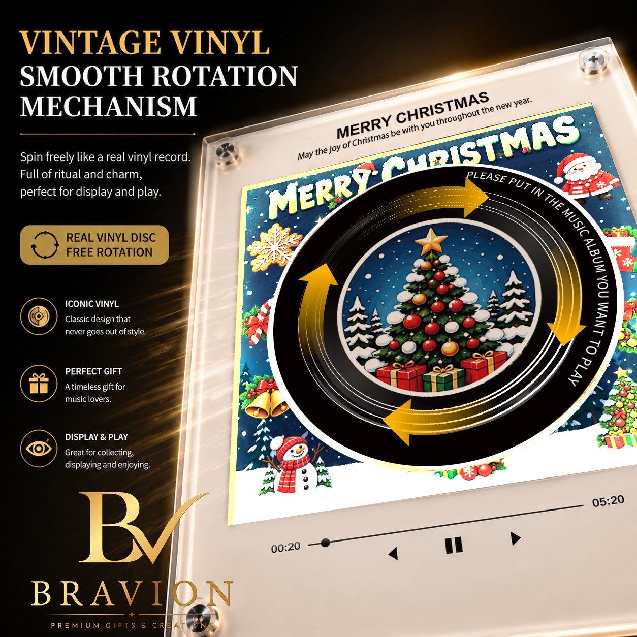 BRAVION NFC Music Fridge Magnet with Rotating Vinyl Discs and LED Light