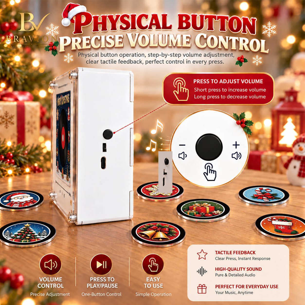 BRAVION NFC Music Fridge Magnet with Rotating Vinyl Discs and LED Light