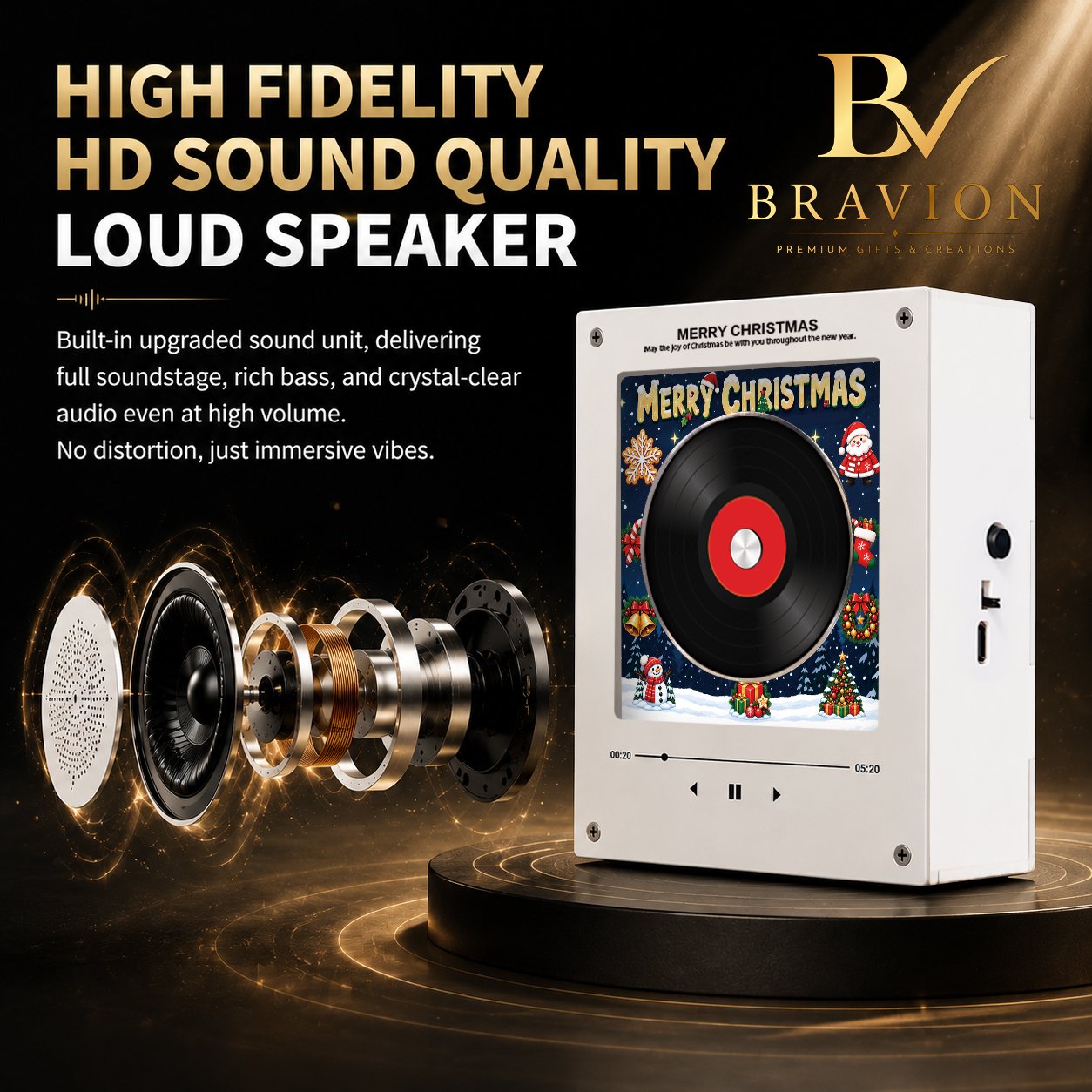 BRAVION NFC Music Fridge Magnet with Rotating Vinyl Discs and LED Light