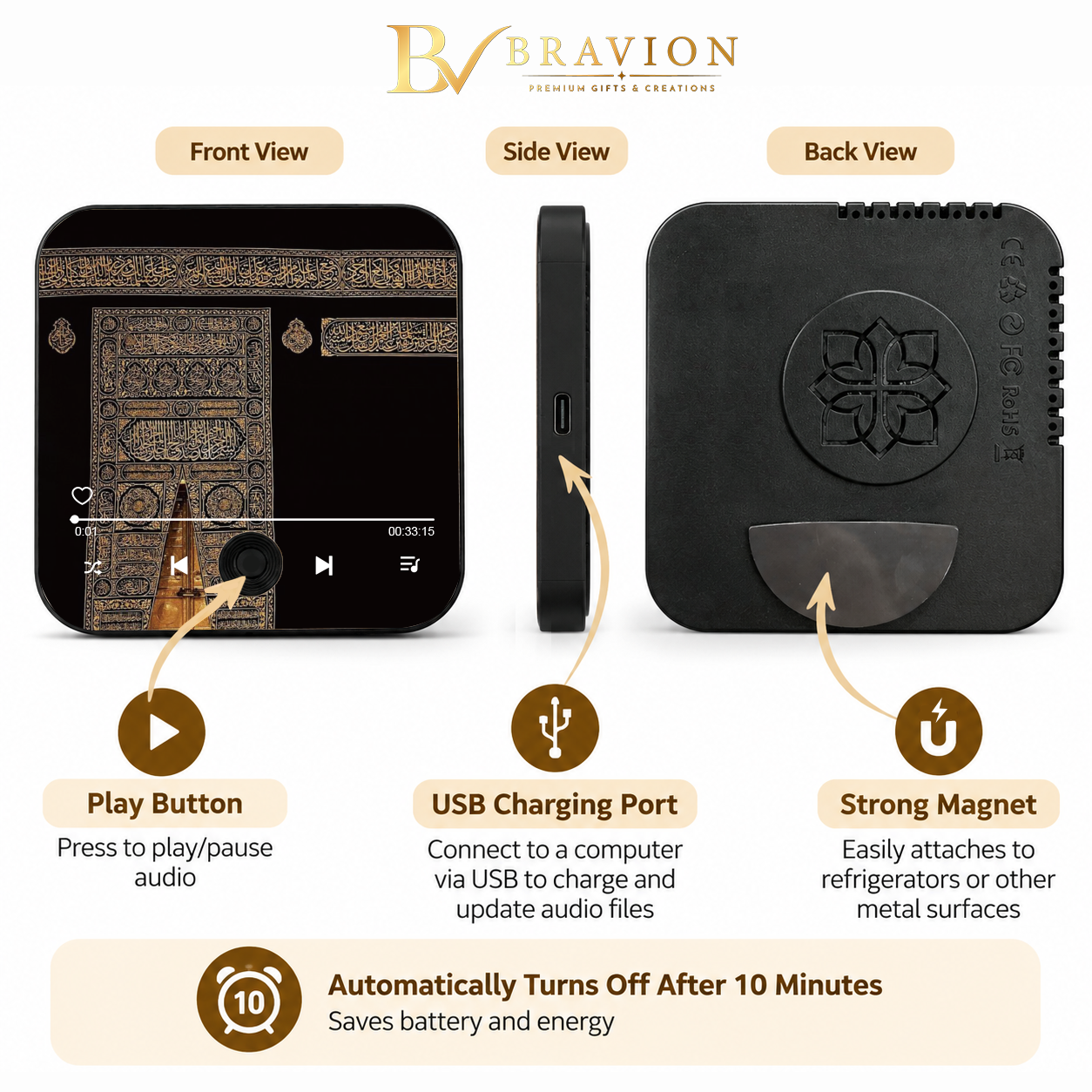 BRAVION Quran Speaker Fridge Magnet with One-Button Operation
